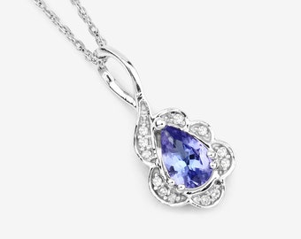 Tanzanite Pendant, Tanzanite Halo Pendant, Tanzanite White Gold Pendant, 14Kt Gold Tanzanite Pendant, Minimalist Jewelry, Christmas Gift