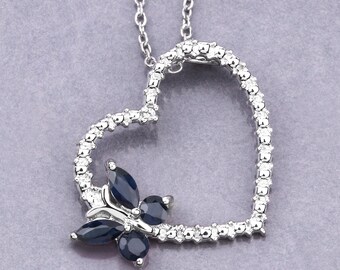 Sapphire Pendant, Genuine Midnight Blue Sapphire Sterling Silver Butterfly Pendant, Heart Shape Pendant Gift for Her, September Birthstone