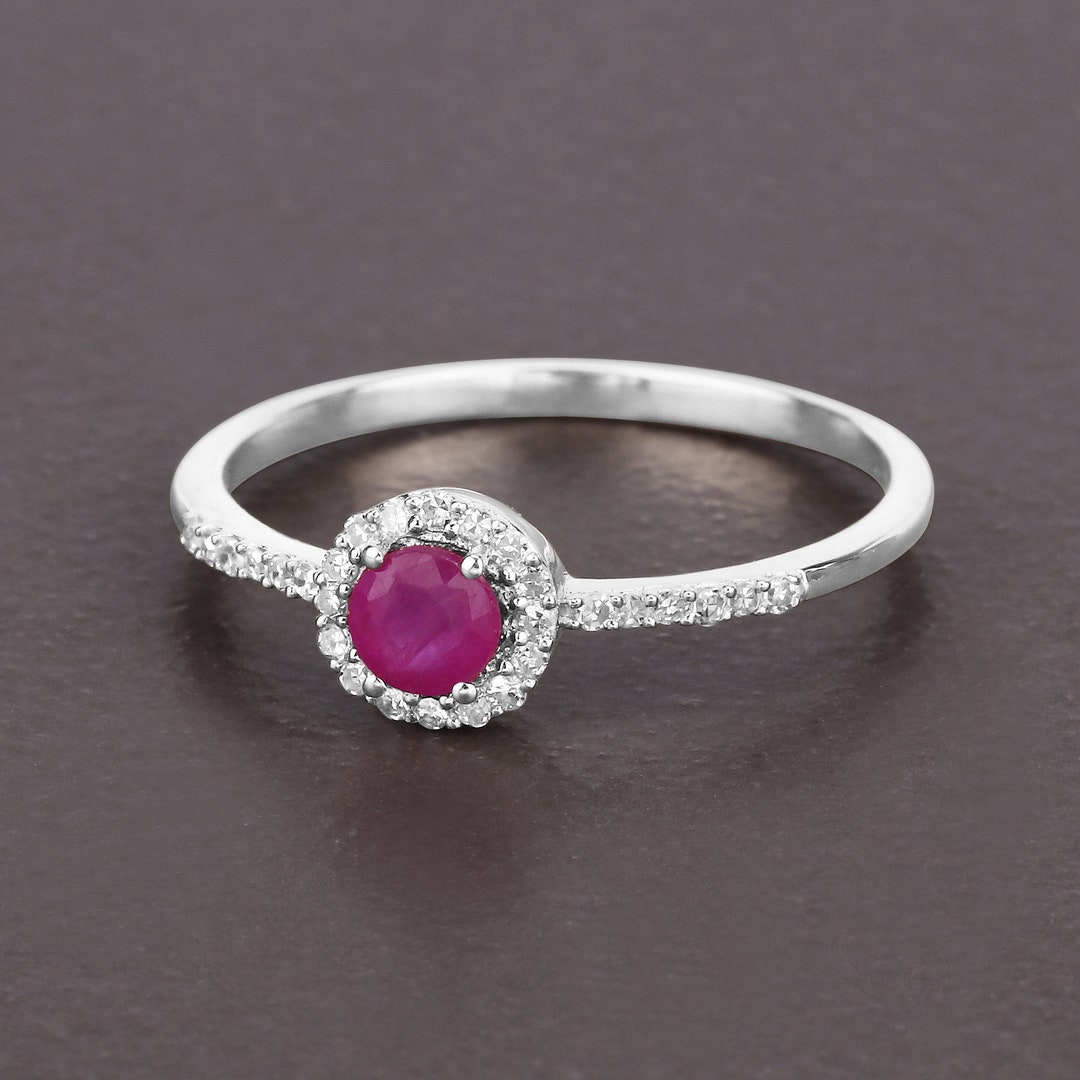 Solid Gold Ruby Ring, Ruby Round Cut Halo Ring in 14k White Gold ...