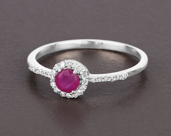 Solid Gold Ruby Ring, Ruby Round Cut Halo Ring in 14k White Gold, Minimalist Ruby Ring, Ruby & Diamond, July Birthstone, Pink Gemstone Ring
