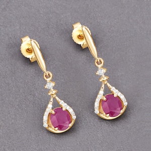 Natural Ruby Earrings, 14k Yellow Gold Ruby and Diamond Earrings, July Birthstone, Gold Dangle Earrings, Minimalist Jewelry, Christmas Gift