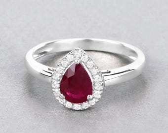 Ruby Ring, Genuine Ruby Pear and White Diamond 14K White Gold Halo Ring, Ruby Gold Ring, Pink Gemstone Ring, Wedding Ring, Bridesmaid Gift