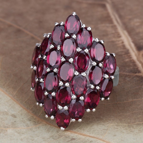 Rhodolite Garnet Ring, Natural Rhodolite Garnet Cluster Ring, Rhodolite Garnet Silver Ring, January Birthstone Ring