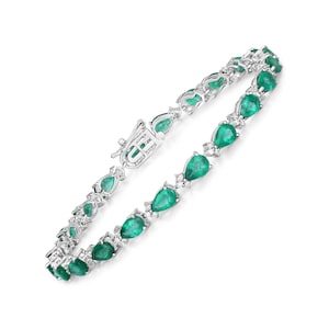 14k Gold Emerald Bracelet, Natural Emerald and Diamond Gold Bracelet for Women 14k White Gold, 14k Gold Emerald Tennis Bracelet, Bridal Gift