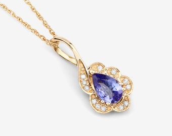 14k Gold Tanzanite Pendant, Genuine Tanzanite and Diamond Pendant Necklace 14k Yellow Gold, Dainty Tanzanite Gold Pendant, Bridesmaid Gift