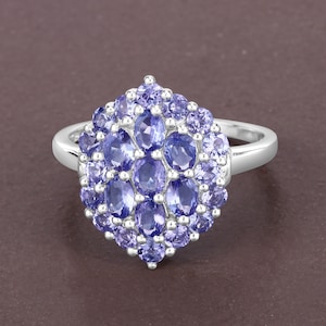 Tanzanite Ring, Real Tanzanite Cluster Ring in .925 Sterling Silver with Rhodium Plating, for Women, December Birthstone