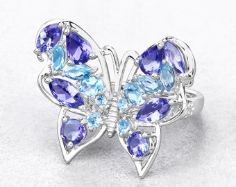 Tanzanite and Swiss Blue Topaz Ring, Genuine Sterling Silver Butterfly Ring, Multi Stone Butterfly Ring Gift for Her, December Birthstone