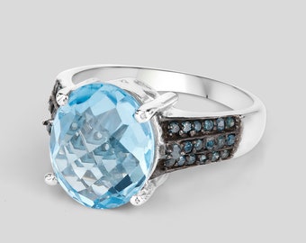 Blue Topaz Ring, Natural Swiss Blue Topaz and Blue Diamond Cocktail Ring, Topaz and Blue Diamond Silver Ring, December Birthstone Ring