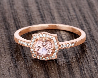 Morganite Halo Ring, Natural Morganite, Peach Moganite Ring, Morganite Rose Gold Ring, Morganite and White Diamond Ring, Halo Ring for Her