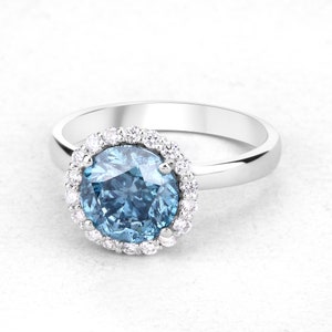 14k Gold Blue Diamond Ring, Gold Ring Blue Diamond, 14k Gold Blue Diamond Statement Ring, Diamond Anniversary Rings White Gold, Diamond Halo
