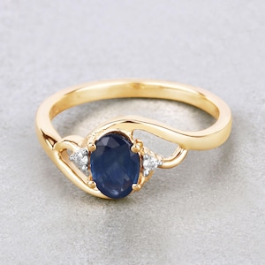 Sapphire Ring, 10K Yellow Gold Bypass Ring With Genuine Blue Sapphire and White Diamond, September Birthstone, Anniversary Gift