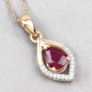 Ruby Pendant, Genuine Ruby and White Diamond 14K Yellow Gold Teardrop Pendant, Ruby Pear Shape Pendant, July Birthstone, Gift For Her