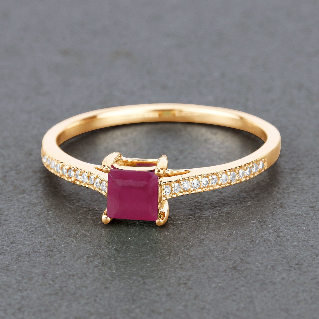 14K Gold Ruby Ring, Natural Ruby and Diamond Yellow Gold Ring ...