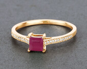 14K Gold Ruby Ring, Natural Ruby and Diamond Yellow Gold Ring, Minimalist Ring, Dainty Ruby Gold Ring, July Birthstone Ring, Promise Ring