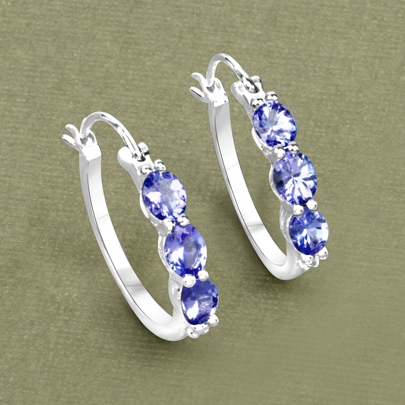Tanzanite Earrings Natural Tanzanite 3stone Hinged Hoop Etsy