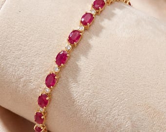 14k Gold Ruby Bracelet, Genuine Ruby Ovals and Diamond Gold Bracelet for Women, 14k Solid Yellow Gold Ruby Tennis Bracelet, July Birthstone