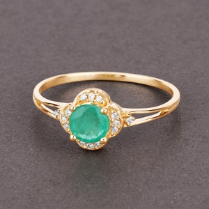 14K Gold Ring, Emerald Ring, Emerald and Diamond Halo Ring, Genuine Emerald, May Birthstone, Gold Emerald Ring, Minimalist, Christmas Gift