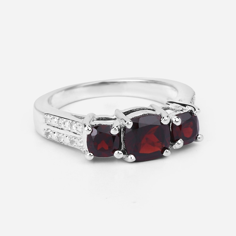 Garnet Silver Ring, Natural 3-Stone Garnet Ring in 925 Sterling Silver, Mozambique Garnet Silver Ring, January Birthstone Ring