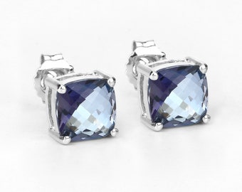 Mystic Topaz Earrings, Mystic Topaz Cushion Stud Earrings for Women in .925 Sterling Silver, Tanzanite Shade Mystic Topaz Gemstone
