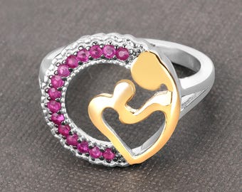 Ruby Mother and Child Ring, Genuine Ruby Sterling Silver Two-Tone Mother's Love for Child Ring, July Birthstone Ring, Gifts for Mom