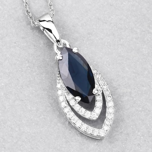 Blue Sapphire Pendant, 14K Solid White Gold Genuine Blue Sapphire and White Diamond Cocktail Pendant, September Birthstone, Bridesmaid Gift