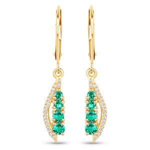Natural Emerald Earrings, 14k Yellow Gold Emerald and Diamond Earrings, May Birthstone, Gold Dangle Gold Earrings, Minimalist Jewelry