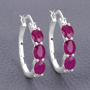Ruby Silver Earrings, Natural Ruby Hinge Earrings in .925 Sterling Silver for Women, Pink Gemstone, July Birthstone, Christmas Gifts