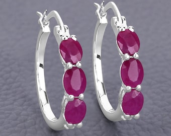 Ruby Silver Earrings, Natural Ruby Hinge Earrings in .925 Sterling Silver for Women, Pink Gemstone, July Birthstone, Christmas Gifts