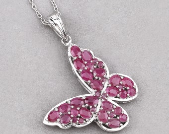 Ruby Pendant, Genuine Ruby Sterling Silver Butterfly Pendant for Women, Ruby Butterfly Pendant Gift for Her, Bridesmaid Gift