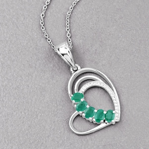 Genuine Emerald Sterling Silver Heart Shape Pendant Necklace, May Birthstone Pendant, Gifts for Mom, Gift for Her, Valentine&#39;s Gift