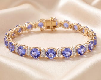 14K Gold Tanzanite & Diamond Bracelet, Natural Tanzanite 14K Yellow Gold Bracelet, Tanzanite Bracelet, December Birthstone, Anniversary Gift