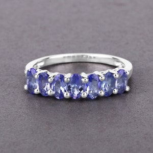 Tanzanite Ring, Real Tanzanite 7-Stone Ring in .925 Sterling Silver with Rhodium Plating, for Women, December Birthstone