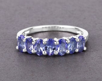 Tanzanite Ring, Real Tanzanite 7-Stone Ring in .925 Sterling Silver with Rhodium Plating, for Women, December Birthstone