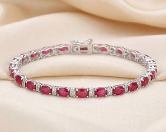 14k Gold Ruby Bracelet, Genuine Ruby Ovals and Diamond Gold Bracelet for Women, 14k Solid White Gold Ruby Tennis Bracelet, July Birthstone