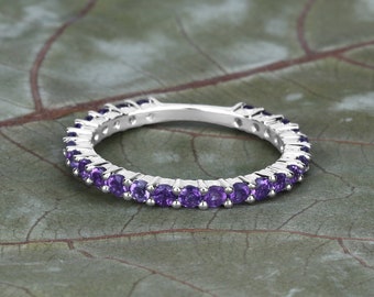 Amethyst Ring, Natural Amethyst Rounds Eternity Band Ring in .925 Sterling Silver, February Birthstone, Engagement Ring, Promise Ring