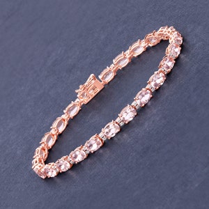 14k Gold Morganite Bracelet, Genuine Morganite and Diamond Rose Gold Tennis Bracelet, Bridal Rose Gold Bracelet, Morganite Bridal Bracelet