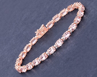 14k Gold Morganite Bracelet, Genuine Morganite and Diamond Rose Gold Tennis Bracelet, Bridal Rose Gold Bracelet, Morganite Bridal Bracelet