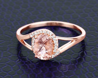 Morganite, 14kt Rose Gold Morganite Ring, Morganite Oval & Diamond Engagement Ring, Peach Morganite, Gold Ring for Women, Gift for Her