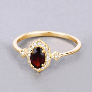 Garnet Ring, Natural Garnet Oval and Diamond 10K Yellow Gold Halo Ring, Minimalist Ring, Dainty Ring, January Birthstone, Bridesmaid Gift