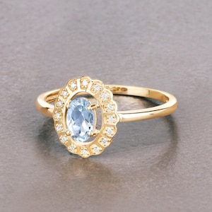 14K Gold Aquamarine Ring, Natural Aquamarine Oval and Diamond Yellow Gold Ring, Minimalist Ring, March Birthstone, Dainty Aquamarine Ring