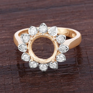14k Gold Semi Mount Ring with Natural Diamonds, Customizable Yellow Gold Ring Semi-Mount, 14k Diamond Semi-Mount - holds 8.00mm Round Stone