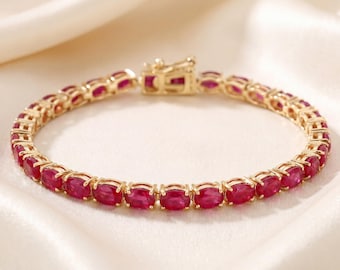 14k Gold Ruby Bracelet, Genuine Ruby Ovals Gold Bracelet for Women, 14k Solid Yellow Gold Ruby Tennis Bracelet, Anniversary Gift