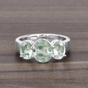 Prasiolite Ring, Natural Prasiolite 3 Stone Ring, Prasiolite Oval Cut, Anniversary Ring, Sterling Silver Ring, February Birthstone Ring