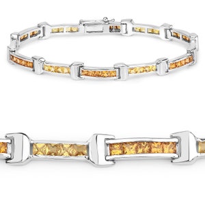 Yellow and Orange Sapphire Bracelet, Sapphire Princess Cut Tennis Bracelet in .925 Sterling Silver, September Birthstone, Anniversary Gift