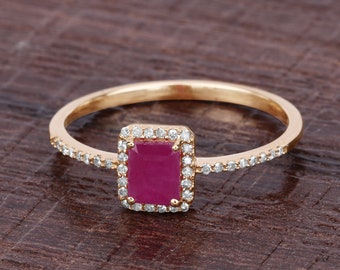 Genuine Natural Ruby Ring, 14K Yellow Gold Ruby and Diamond Birthstone Ring, Ruby Jewelry, July Birthstone Ring, Ruby Halo Ring, Ruby Ring