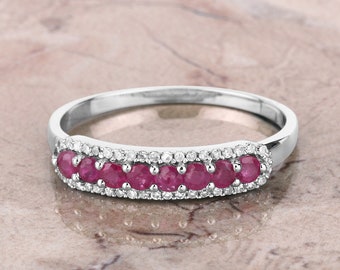 14K Gold Ruby Ring, Natural Ruby and Diamond White Gold Ring, Minimalist Ring, Dainty Ruby Gold Band, July Birthstone, Half-Eternity Ring