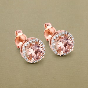 Morganite Earrings, Solid 14k Rose Gold Morganite Stud Earrings for Her, Natural Pink Gemstone Earrings, Morganite and Diamond Halo Studs