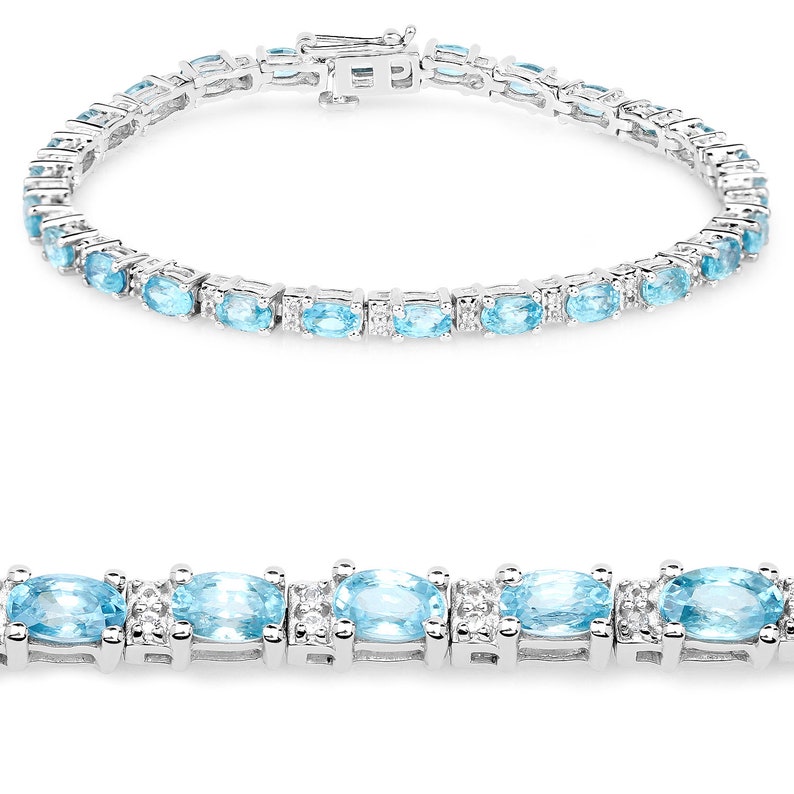 Blue Zircon Bracelet, Natural Blue Zircon Ovals Silver Tennis Bracelet, Blue Gemstone Bracelet for Her, Anniversary Bracelet Gift image 2