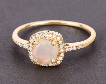 14K Gold Opal Ring, Genuine Ethiopian Opal and Diamond Yellow Gold Ring, Minimalist Ring, Dainty Opal Gold Ring, October Birthstone Ring