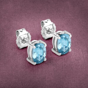 Blue Zircon Earrings, Blue Zircon Stud Earrings, Natural Blue Zircon Studs, Blue Zircon Oval Earrings, Silver Studs